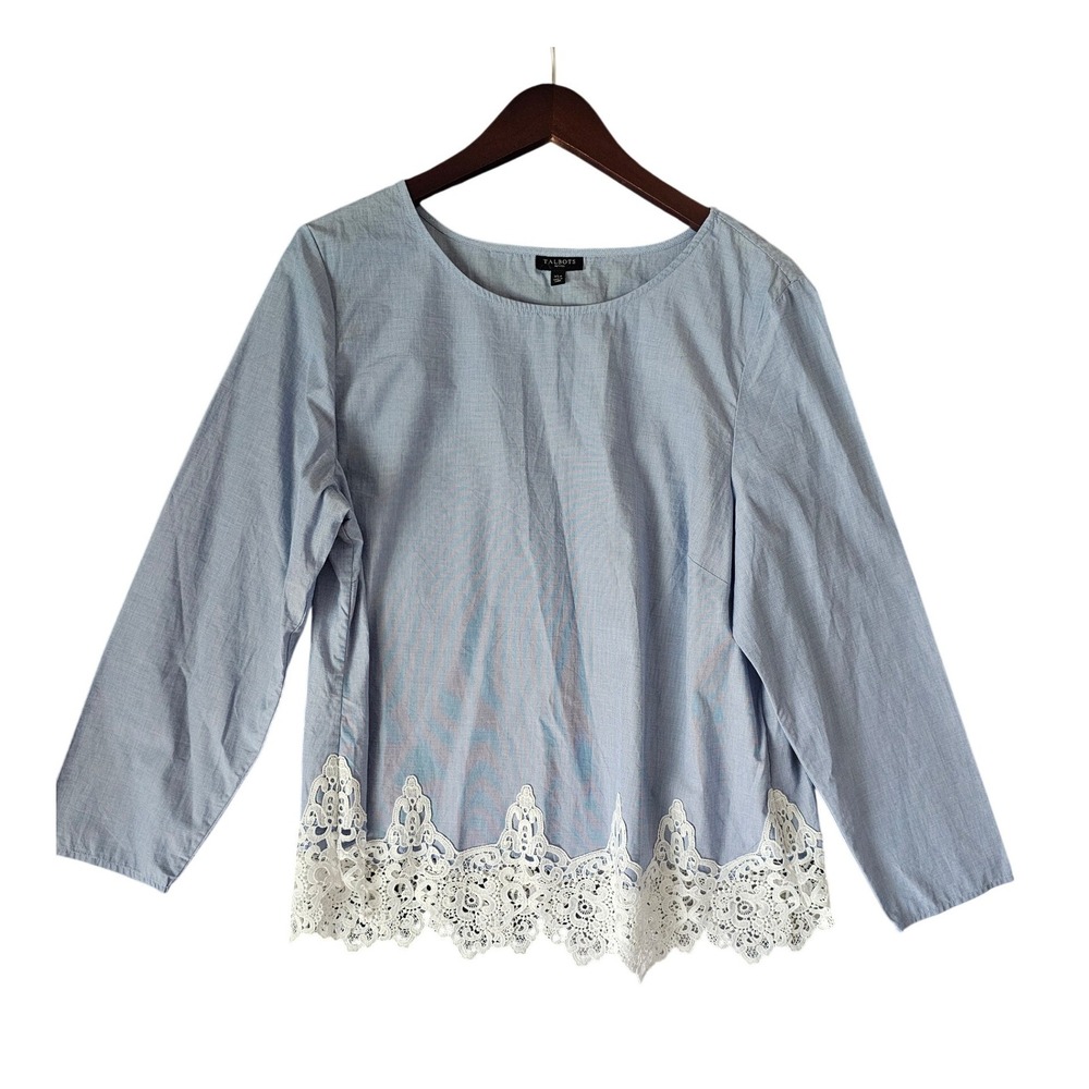 Talbots Petites Blue Lace Trim Long Sleeve Blouse XLP Scalloped Hem Top